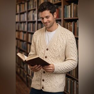 Vintage Men's Cream Cable Knit Sweater EUC
